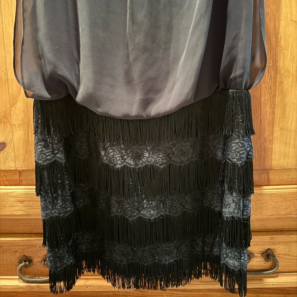 Aidan by Aidan Mattox Black Blouson Fringe Detail Keyhole Dress Size 8 US - Picture 4 of 12
